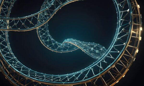 A conceptual image of a rollercoaster track designed to mimic the double helix structure of DNA. The track glows with a neon light against a dark background, symbolizing innovation and thrill. AI