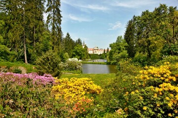 Castle park with blooming bushes and a pond. View across the water to Průhonice Castle in the Czech Republic