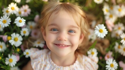 Fototapeta premium A little girl smiling in a field of flowers with daisies, AI