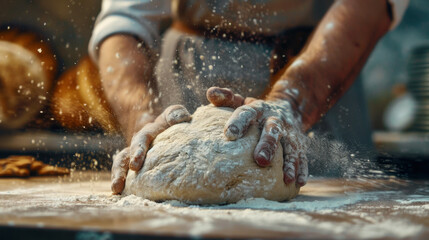 Fototapeta premium Close-up of a man's hands kneading dough, sprinkling flour, working in a bakery. Making bread. Kneading the dough. Food concept.