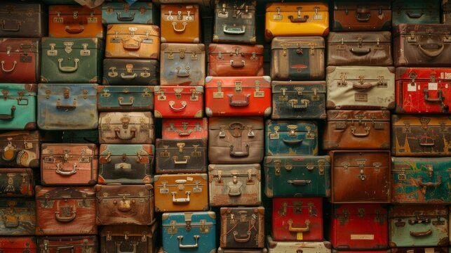 A wall of suitcases stacked on top of each other, AI