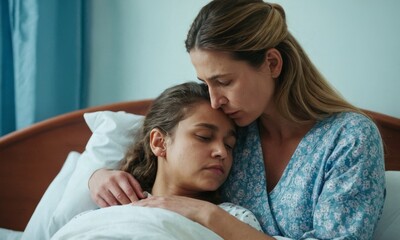 Upset mother and her sick daughter at the hospital