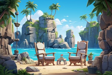 a beach with chairs and a table and a table on a beach
