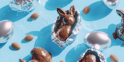 Set of cute and Delicious chocolate eggs Creative Chocolate Easter bunny rabbit  creamy blue background and shade of all spread beautifully.