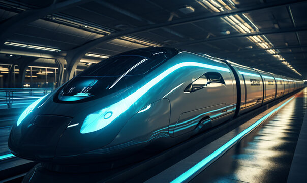The image shows a futuristic express train moving at high speed through a tunnel. The train is housed in a capsule that floats above the tracks using magnetic levitation.