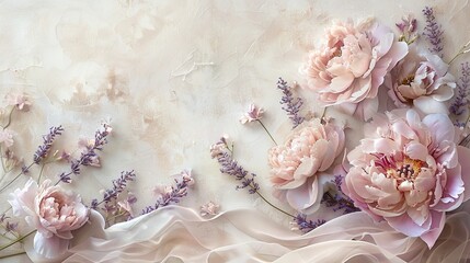 A dreamy composition of pastel-colored peonies, lavender sprigs, and floating sheer ribbons, set against a pale textured backdrop.  - obrazy, fototapety, plakaty