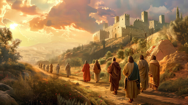 Jesus and His disciples on the way to Jerusalem Generative AI Illustration