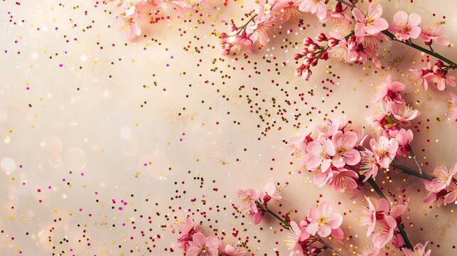 A festive flat lay of pink cherry blossoms and golden confetti, celebrating the arrival of spring on a soft beige canvas.