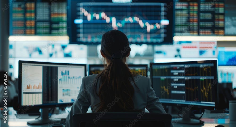 Wall mural a female trader typing on computers on desk generative ai