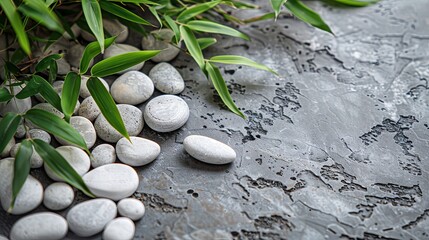 Obraz na płótnie Canvas A minimalist and serene setting of white pebbles and bamboo leaves, creating a Zen-like atmosphere on a smooth gray stone surface.