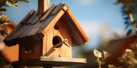 Obraz na płótnie Canvas Make Beautiful Sparrow House, Wooden brown new bird house, bird house summer, NESTBOXES FOR BIRDS, Generative AI 