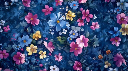 A close up of a blue background with many different flowers, AI