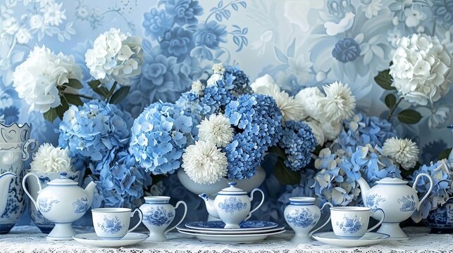 A Serene Tableau Of Blue Hydrangeas And White Chrysanthemums, Paired With Vintage Blue China Teacups Set Against A Lace Tablecloth.