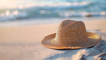 Fototapeta na wymiar Close up photo of straw hat on beach sand. summer holiday concept, with generative ai