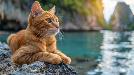 A cat sitting on a rock by the water looking at something, AI