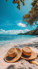 Fototapeta na wymiar Two straw hats sitting on a beach near the water, AI