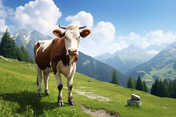 Fototapeta na wymiar a cow standing on a grassy hill