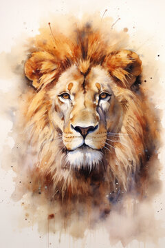 Beautiful Lion painted with watercolors.