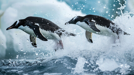 Penguins diving into icy waters, creating splashes and bubbles around them  
