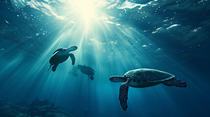 Sea turtles swimming towards the oceanâs surface through beams of sunlight filtering through the water