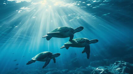 Fototapeta premium Sea turtles swimming towards the oceanâs surface through beams of sunlight filtering through the water