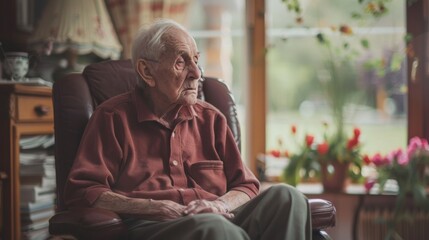 An older man sitting in a chair with flowers and plants, AI