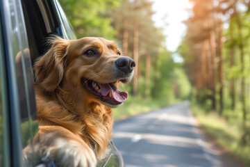 Head of happy smiling dog looking out of car window. Curious golden retriever enjoying road trip on sunny summer day