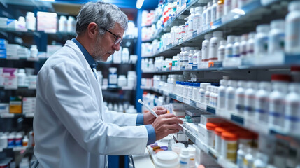 An experienced pharmacist working in a pharmacy selects pills for customers near the shelves with medicines. Medicine concept, pharmaceuticals. - obrazy, fototapety, plakaty