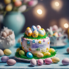 Easter cake with colored eggs.