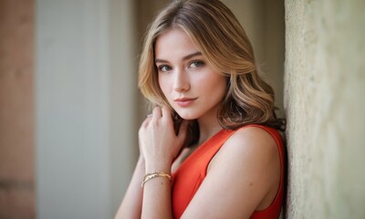 Naklejka premium Portrait of young woman in dress at summer day