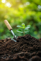 Planting a small plant on a pile of soil with gardening tool on green bokeh background.