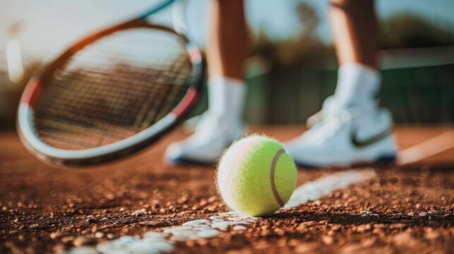 Close Up View Of A Tennis Racket And Ball On Clay Court, Capturing The Texture Of The Red Clay. Tennis Club Or Tennis Competition Background