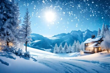 Fototapeta na wymiar Christmas and New Year Typographical on shiny Xmas background with winter landscape with snowflakes