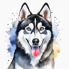 Watercolor illustration of pure breed Siberian Husky dog. Colorful painting of domestic animal.