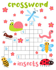 Crossword puzzle game of insects. Printable worksheet with solution for school and preschool.