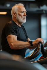 portrait of a senior caucasian man exercising in a gym, mature male running using treadmill machine for performance, healthy lifestyle and cardio exercise at fitness club concepts.