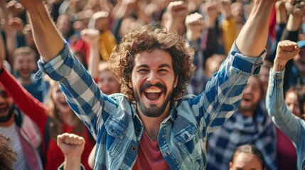 A man with a smile and arms raised in the air, AI