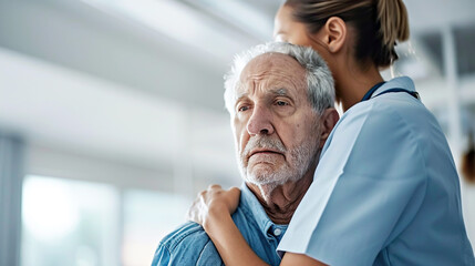 An elderly man in thoughtful pose with caring nurse offering support in a clinical setting. Man with Parkinson's disease, face without emotion syndrome