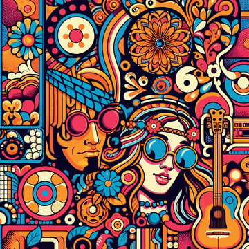  Vintage groovy characters. 70s style collection of retro groovy elements pattern . Groovy background 