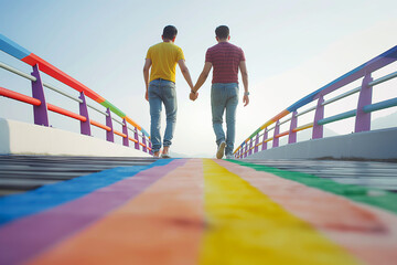couple LGBT holding hand walking on the rainbow street