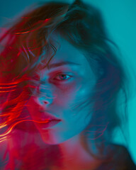 Neon Whispers: Intense Portrait in Red and Blue Shades