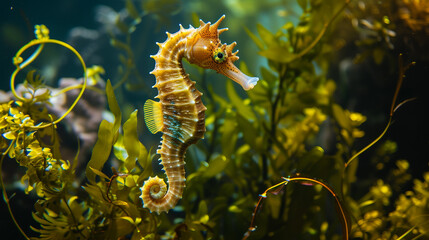 Seahorse swimming among seaweed