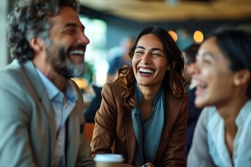 Obraz premium Harmony in Diversity A Group of Businesspeople Enjoying a Lively Meeting in the Lounge of a Modern Office, Exemplifying Unity in Professionalism.