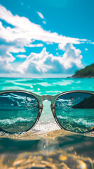Sunglasses reflecting a beach landscape