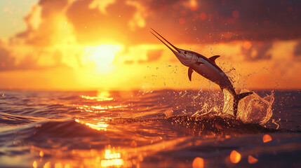 Swordfish leaping out of the water against a sunset backdrop 