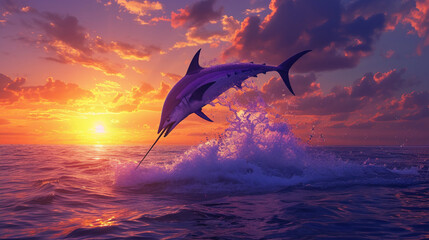 Swordfish leaping out of the water against a sunset backdrop 