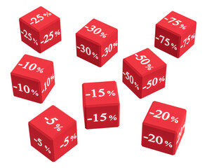Red cubes with different discounts for sale. Figures with percentages. Isolated on transparent
