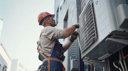 Professional Technician Servicing Air Conditioning Unit” - obrazy, fototapety, plakaty