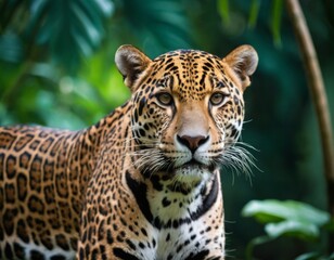 Jaguar close-up. Blurred jungle as background