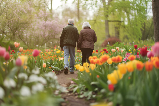 A caucasian elderly couple walking hand-in-hand